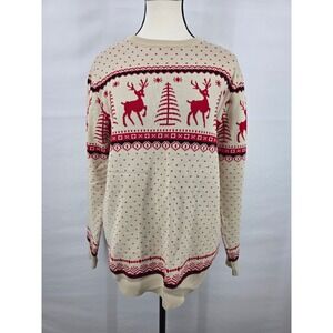 Abollria Reindeer Christmas Sweater Cream Red Fair Isle Knit Pullover Medium